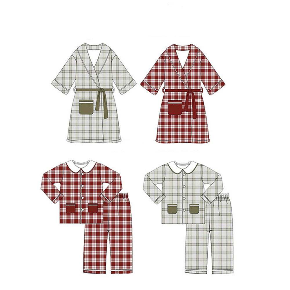 

Бутик, красный, зеленый клетчатый принт, рождественский пижамный комплект, повседневные пижамы для мальчиков и девочек, одинаковые халаты, детский рождественский халат для сна