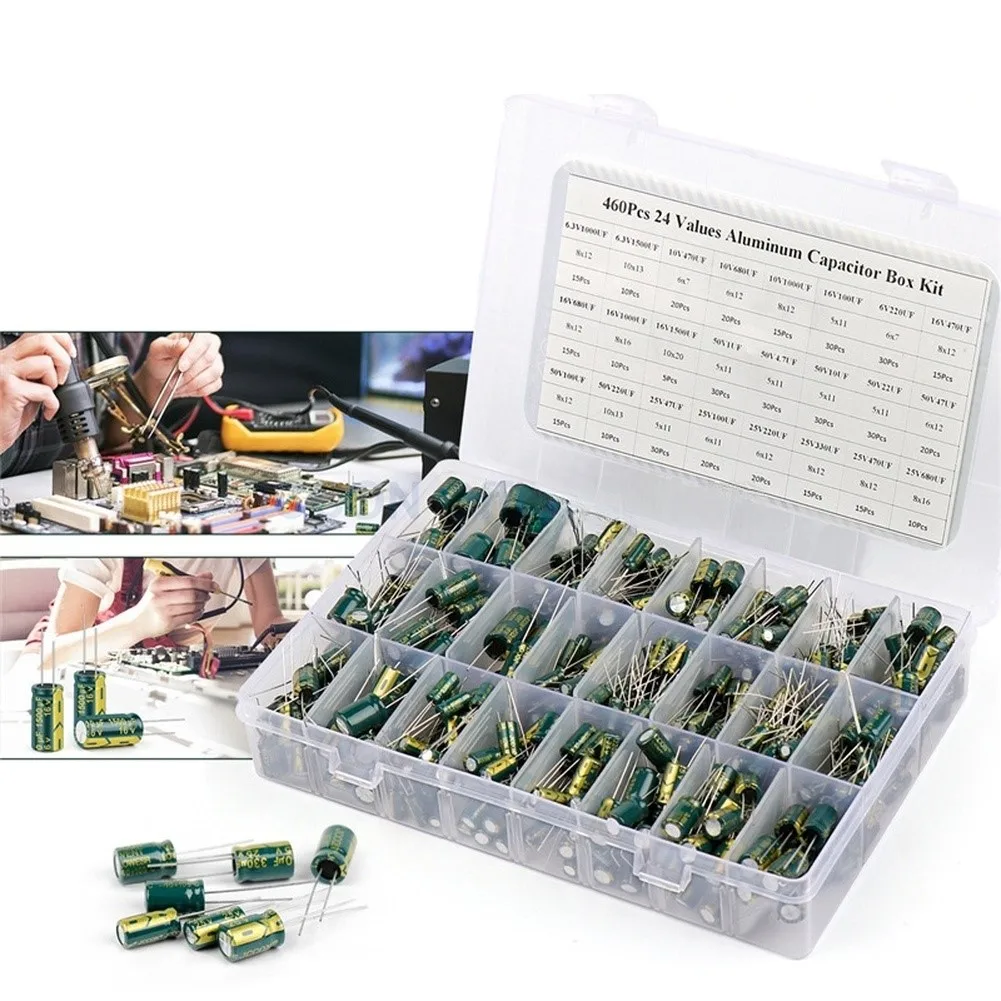 Electrolytic Capacitor Kit 460 Components 24 Different uF Ratings 1uF-1500uF Voltage Range 6.3V 10V 16V 25V 35V 50V