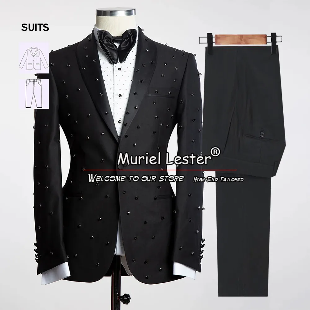 Luxury Wedding Suits For Men Rhinestone Notched Lapel Jacket Plus Size Groom's Tuxedo Black 2 Pieces Blazer Pants Traje Hombre