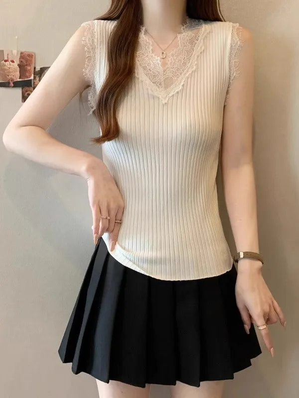 เสื้อคลุมผู้หญิงไซส์ใหญ่สำหรับฤดูร้อน ผ้าลูกไม้ปะติด แต่งขอบเสื้อแบบถัก คอวี ช่วยปกปิดหน้าท้อง สไตล์ลำลองแฟชั่น