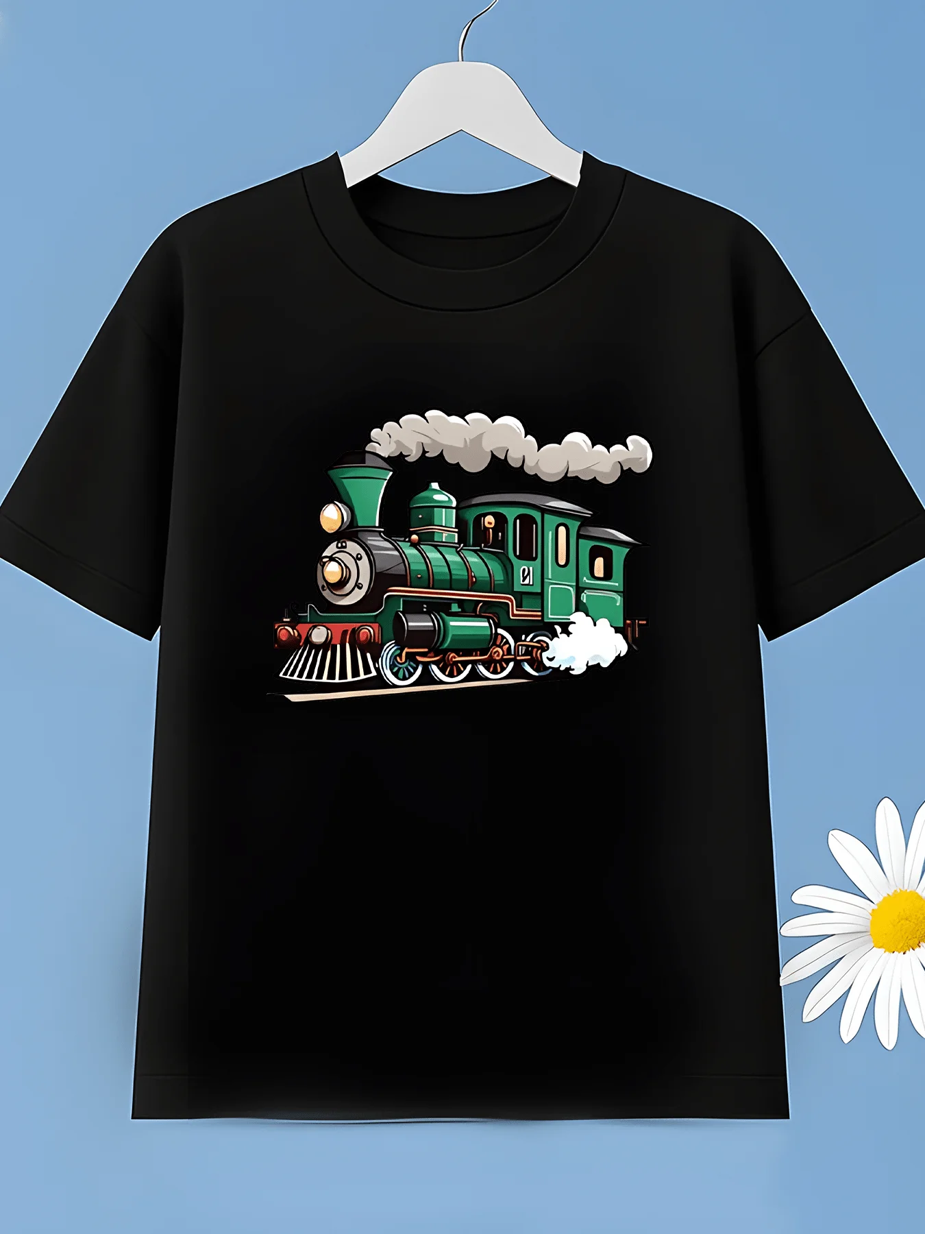 Children's Round Neck Top with Creative and Fun Green Train Pattern Printed Children's Tshirt Clothing Suitable for Outdoor Wear