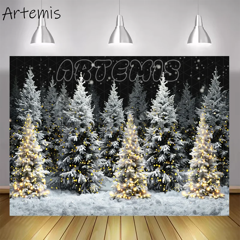 Winter Christmas Backdrop Frosted Christmas Trees With Black Background Yellow Lights Photorealistic Photo Studio Photo-call