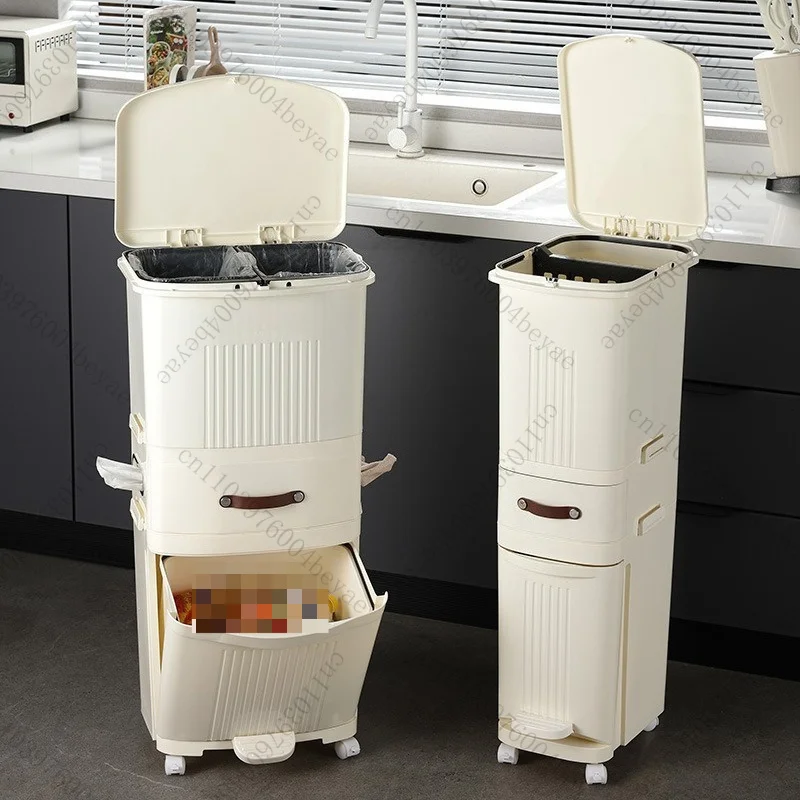 Kitchen Tra Can Large Capaci High Model Mobile Wet Dry Separation with Cover Household Garbage Bin Storage Organizer