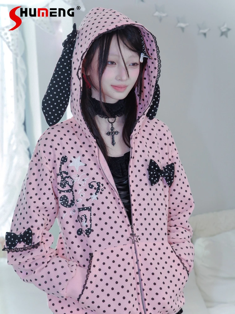 

Original Japanese Subculture Polka Dot Print Y2K Zip Cardigan Jacket Autumn New Girl's Sweet Cool Loose Rabbit Ears Hooded Coat