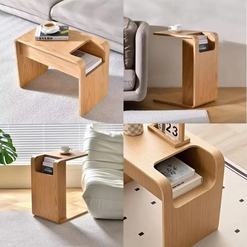 Solid Wood Oak Sofa Magazine Rack Modern Simple Style Side Cabinet Small C Shaped Table Durable Storage Furniture