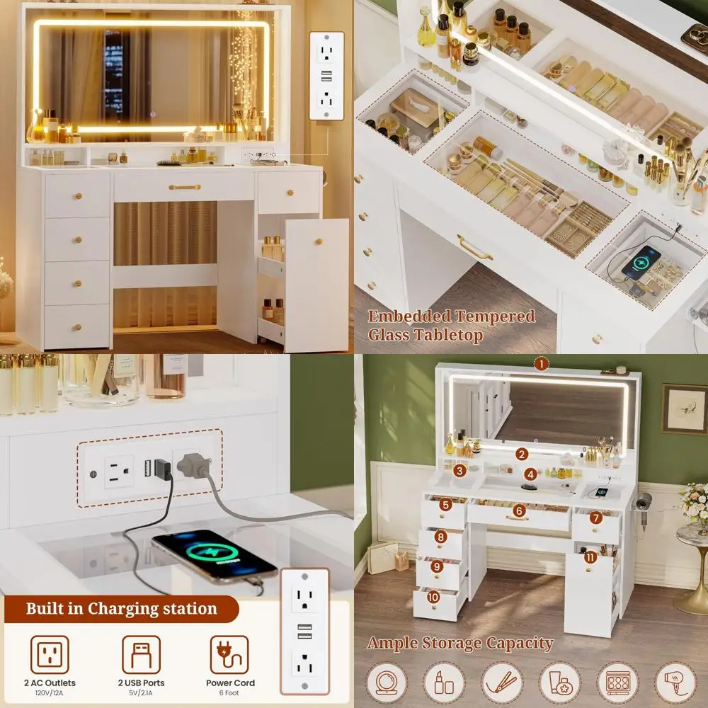 illuminated vanity desk with 6 drawers, power outlet, glass top, storage shelf, and rolling makeup cart