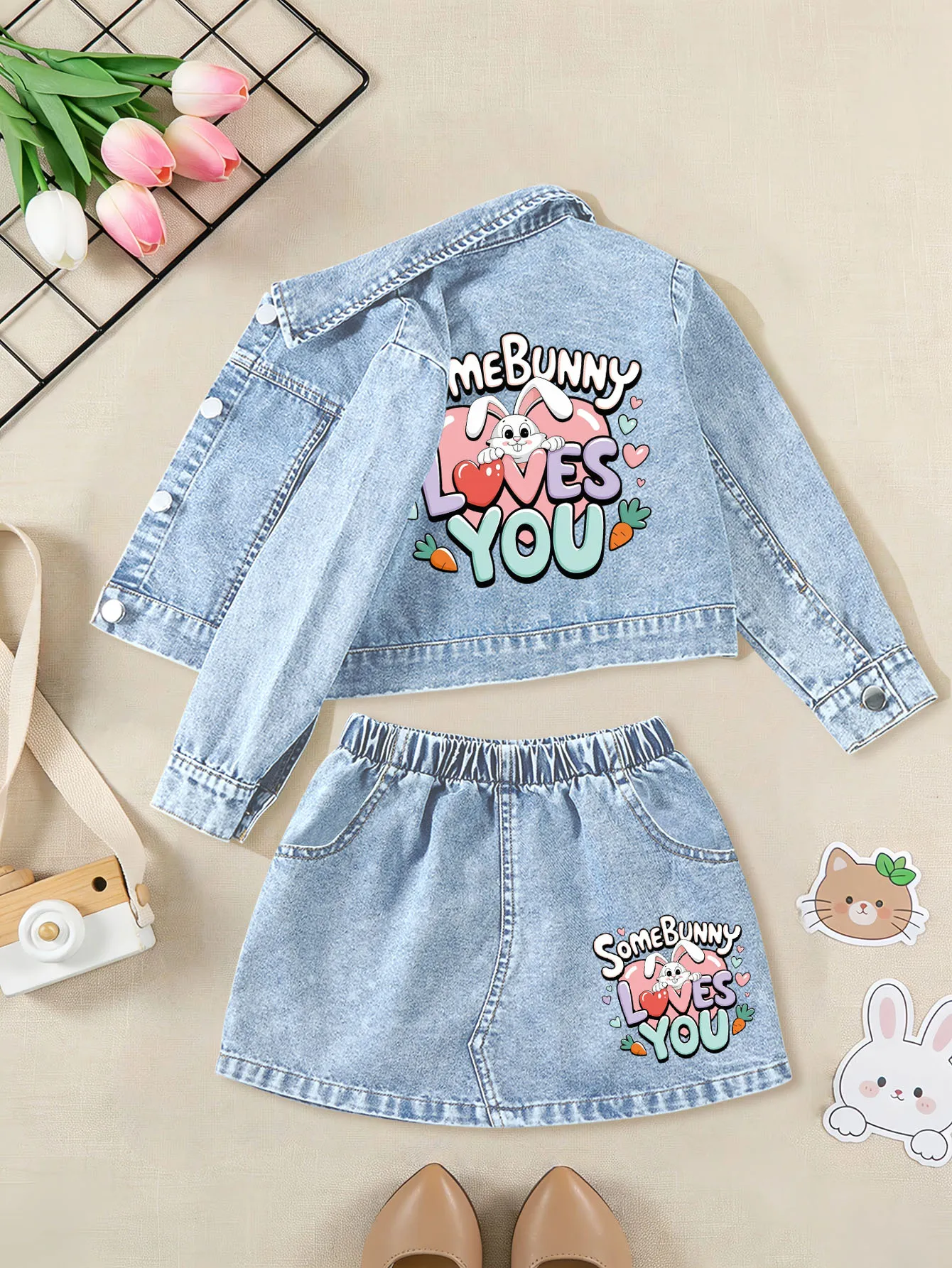 2 pieces: Easter Day Girls' fall Sweet Cute Denim Dress Set with Cartoon Rabbit & Heart Prints