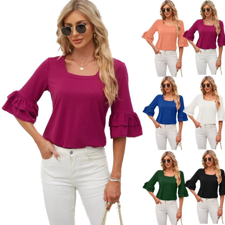 Women\'s Summer Blouse 2024 New Square Necked Ruffled Edge Mid Sleeved Solid Color Loose Fitting T-shirt Women Summer Top