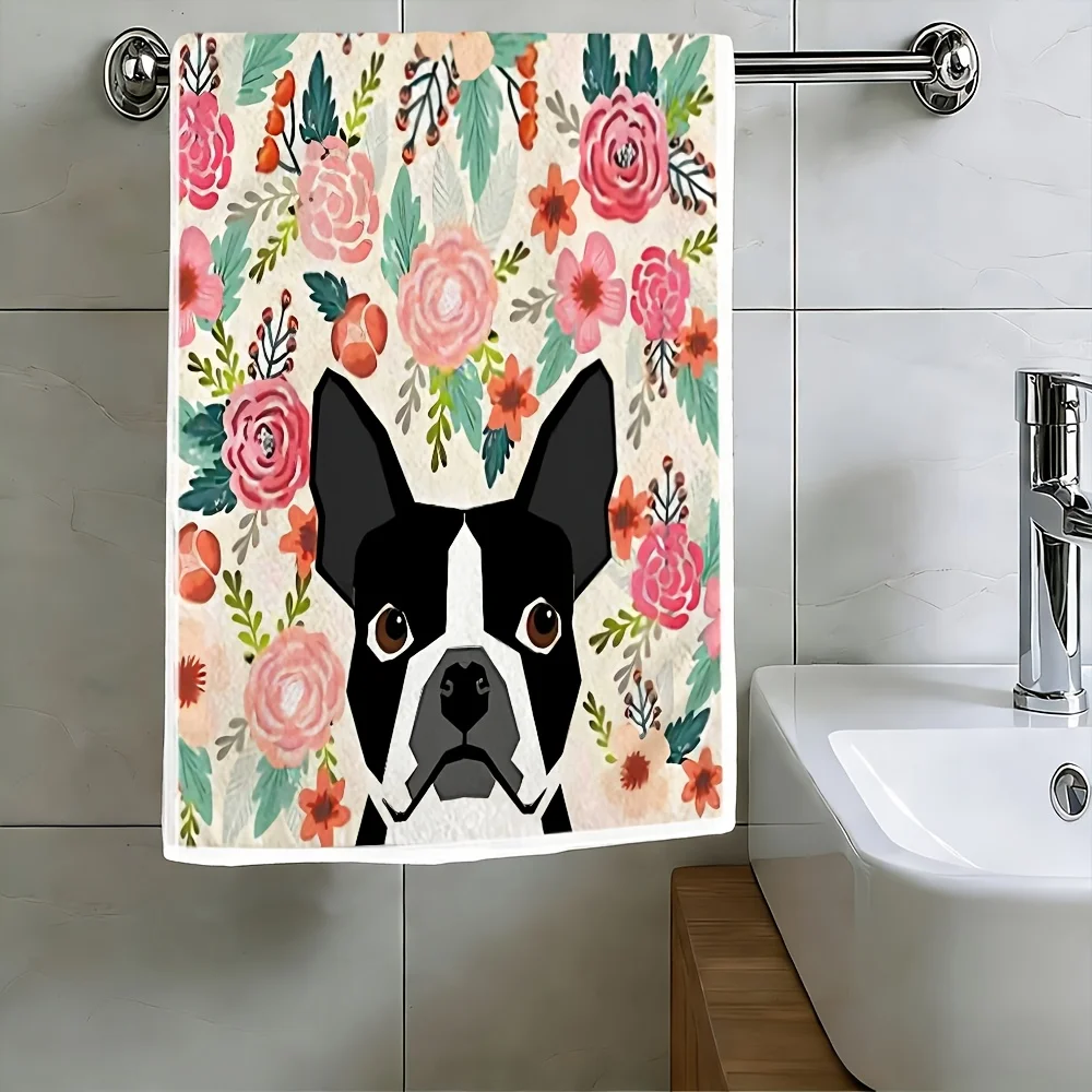 1pc Boston Terrier Floral Printed Kitchen Towel, Soft Absorbent Hand Towel, Perfect for Bathroom, Kitchen, Dog Lover Gift