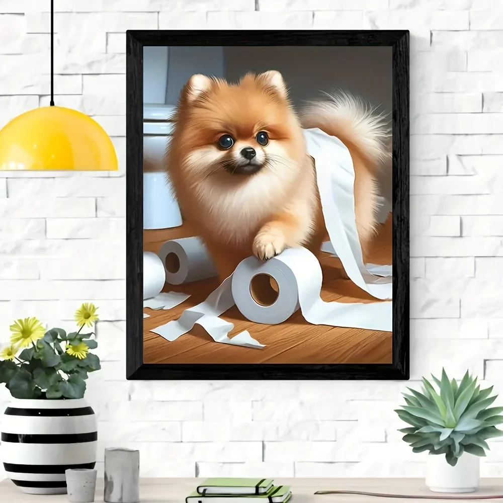 Frameless Canvas Painting Pomeranian Dog Funny Bathroom Wall Art Set -No Framed Canvas Print, Playful Pom Dog Toilet Art, Gift F