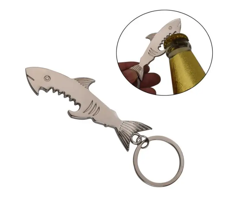 200pcs Shark Shaped Bottle Opener Keychain shaped zinc alloy Silver Color Key Ring Beer Bottle Opener Unique Creative Gift SN