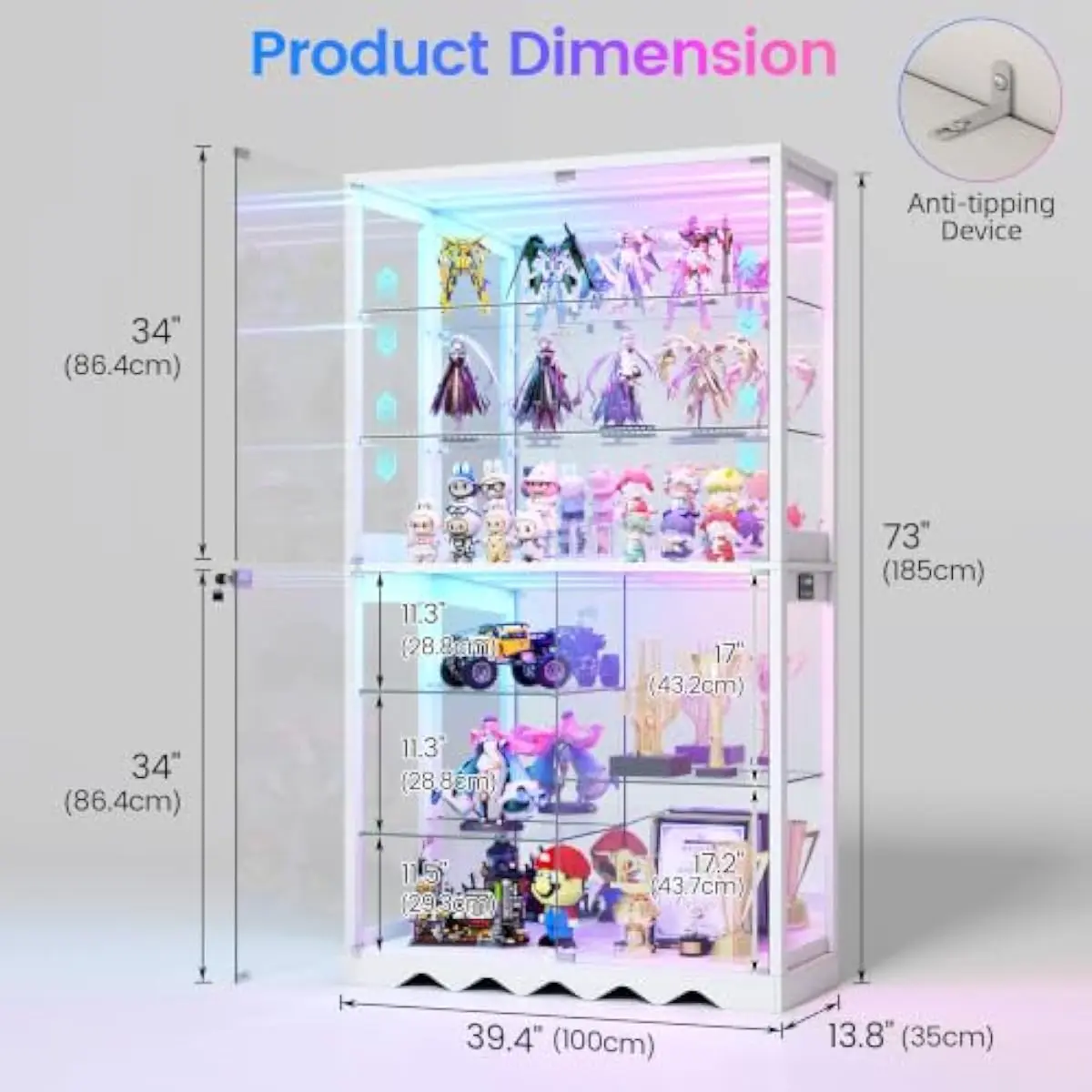 73' 8-Tier Large Glass Display Cabinet with RGB Lights for Collectibles