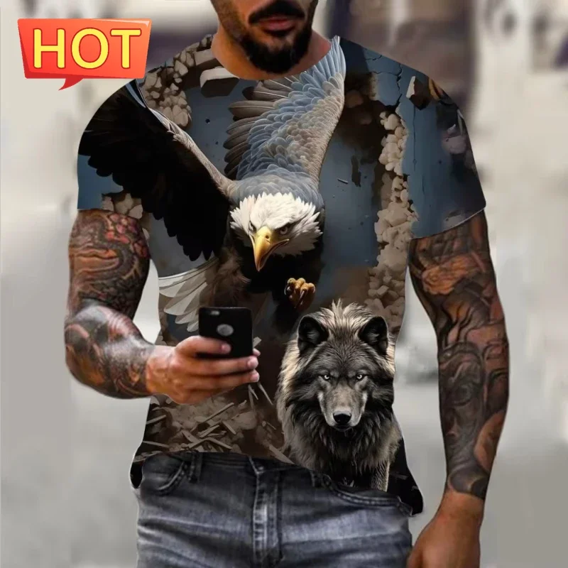 Camiseta com estampa de águia 3D para homem e mulher, camisetas de manga curta, moda plus size, roupas casuais masculinas.