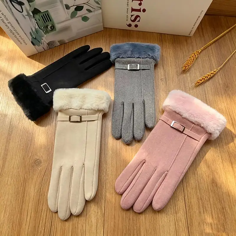 New Female Autumn Winter Warm Gloves Non-Inverted Velvet Cashmere Full Finger Warm Gloves Cotton Touch Screen Gloves
