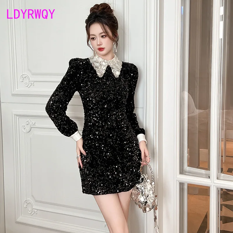 Birthday dress dress 2024 autumn and winter new style doll collar slim fit hip hugging small sequined dress