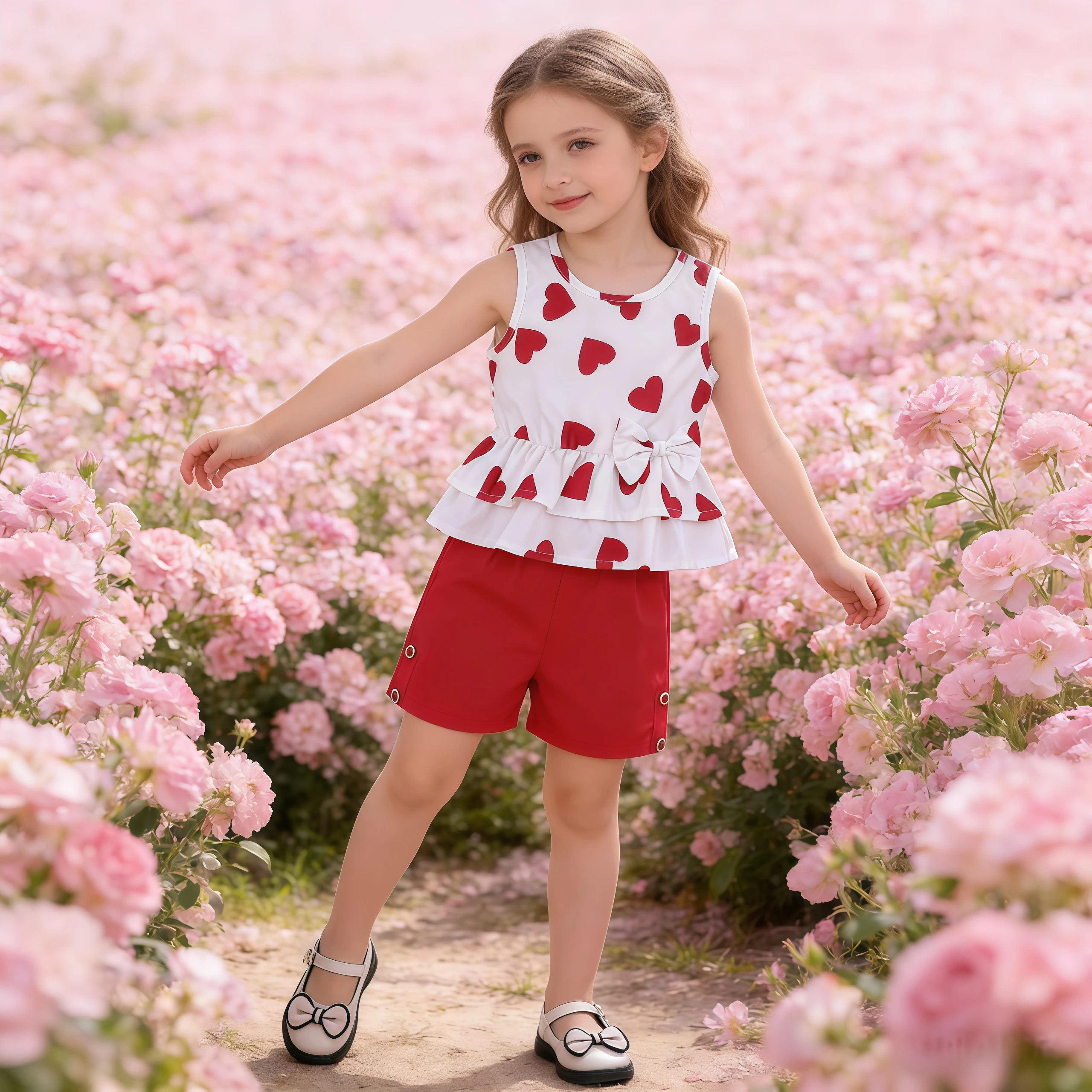 

Baby Girls Clothes Sets Kids Heart Print T-Shirt Tops+Shorts For Kids Sleeveless Vest Outfit Summer Infant Valentine Clothing