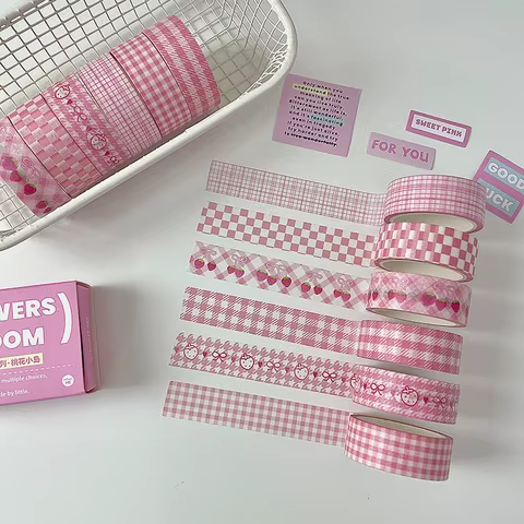 MINKYS 6pcs/lot Basic Grid Style Decorative Tape Cute Cartoon Creative Pink/Green/Red Washi Tape School Stationery