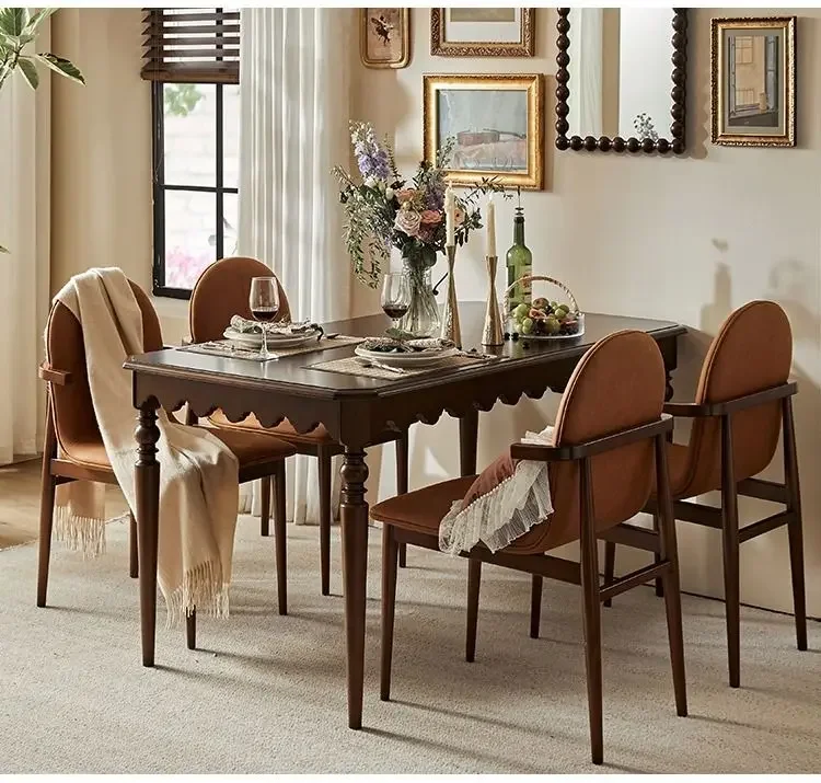 Retro solid wood square dining table Household black walnut French dining table