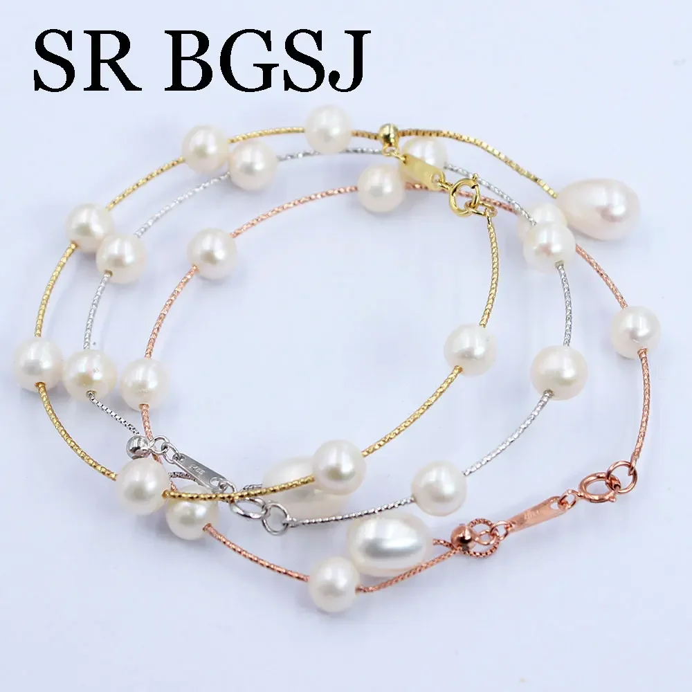 6-7mm AAA Round White High Quality Natural Freshwater Pearl Beads Gold Plated Silver Chains Bracelet 17cm