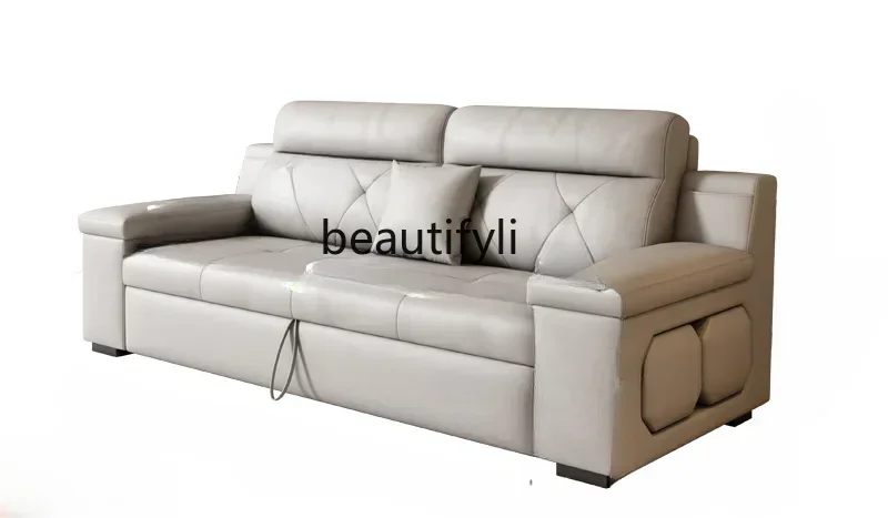 Multifunctional Electric Leather Sofa Living Room First Layer Cowhide Straight Row Sofa Bed Double-UseHY