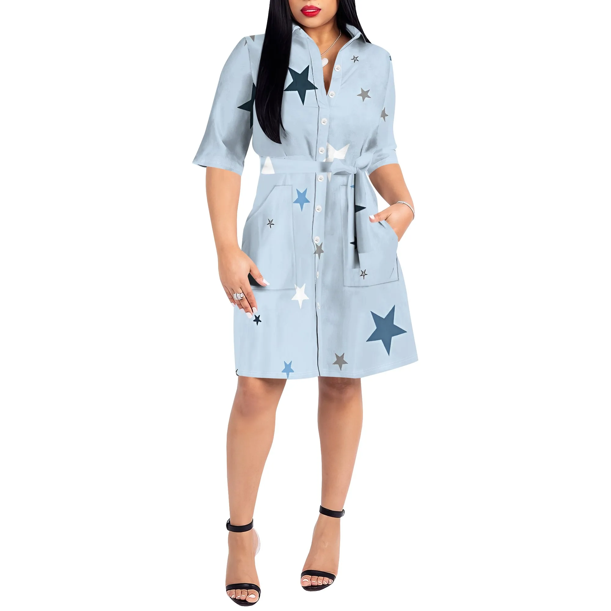 여성을위한 Nupusa 스타 프린트 드레스 표준 사이즈 여름 캐주얼 셔츠 칼라 하프 슬리브 드레스