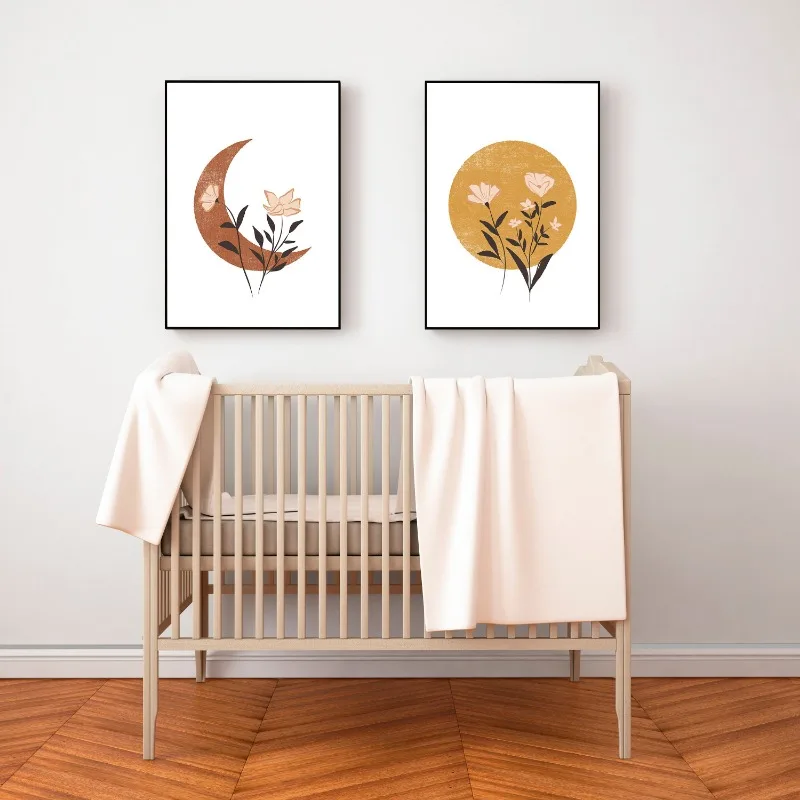 Vintage Boho Sun and Moon Simple Flower Celestial Sun Art Poster Canvas Painting Wall Prints Picture for Living Room Home Decor