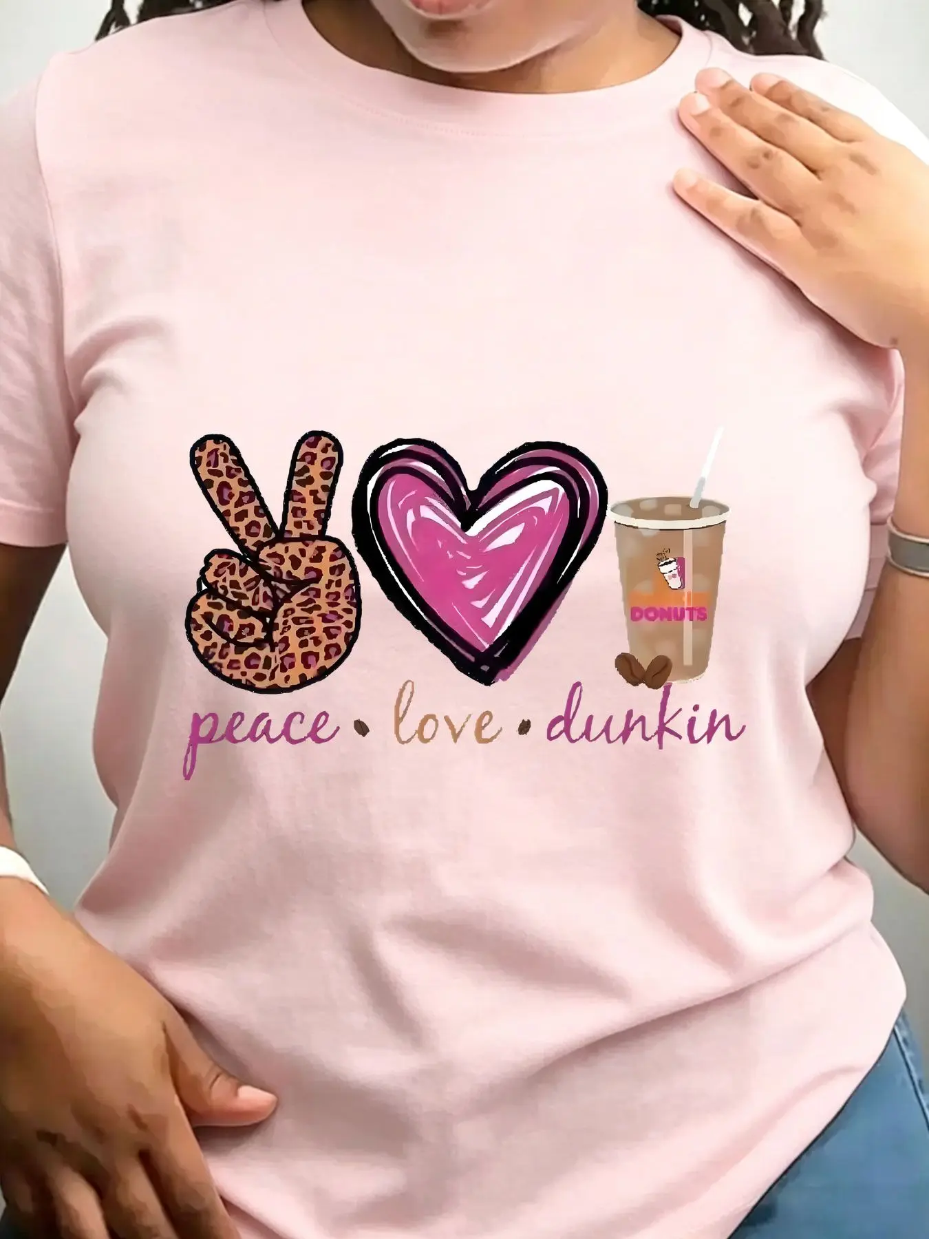 Women's Trendy Crew Neck T-Shirt Peace Love Dunkin Donuts Graphic Suitable for Casual Sportswear view 4