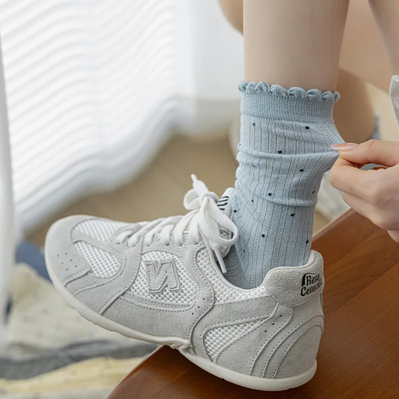 Lolita Frilly Socks Women Japanese Kawaii Cute Polka Dot Medium Tube Socks Spring and Summer Thin Breathable Cotton Long Socks