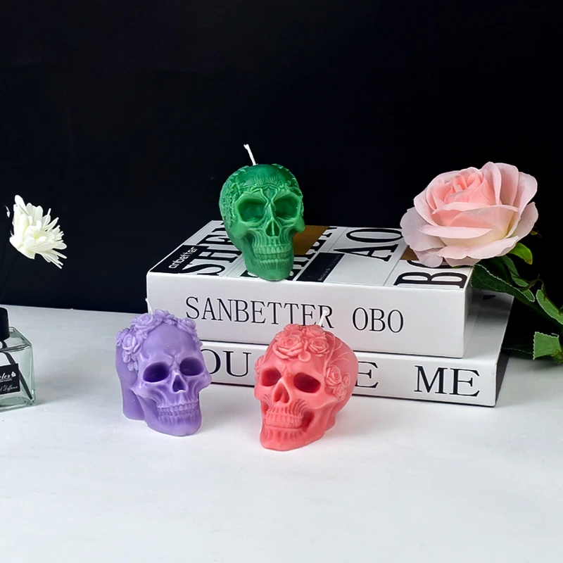 New Halloween Skull Silicone Candle Molds 3D Relief Flower Skull Crafts Resin Plaster Soap Making Mold Home Art Halloween Gift