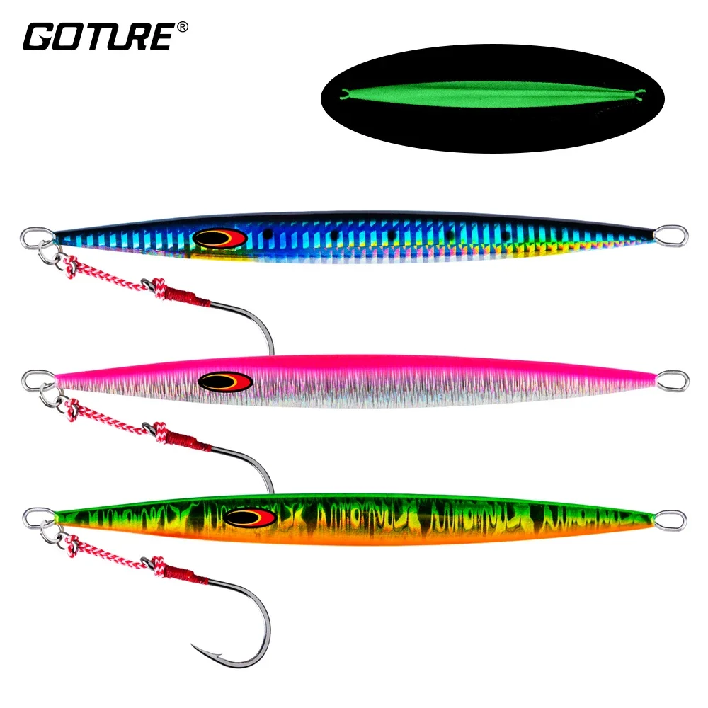 Goture 3pcs/lot Luminous Jigging Fishing Lure Metal Spoon Jig Lure Fish Deep Sea Hard Artificial Bait, 100g,200g,250g,300g,350g