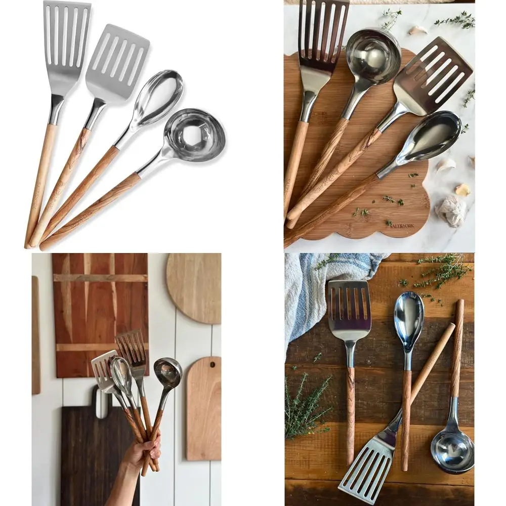 

Набор кухонной утвари из нержавеющей стали из 4 предметов с деревянными ручками: лопаточка, ковш, ложка — кухонные инструменты премиум-класса