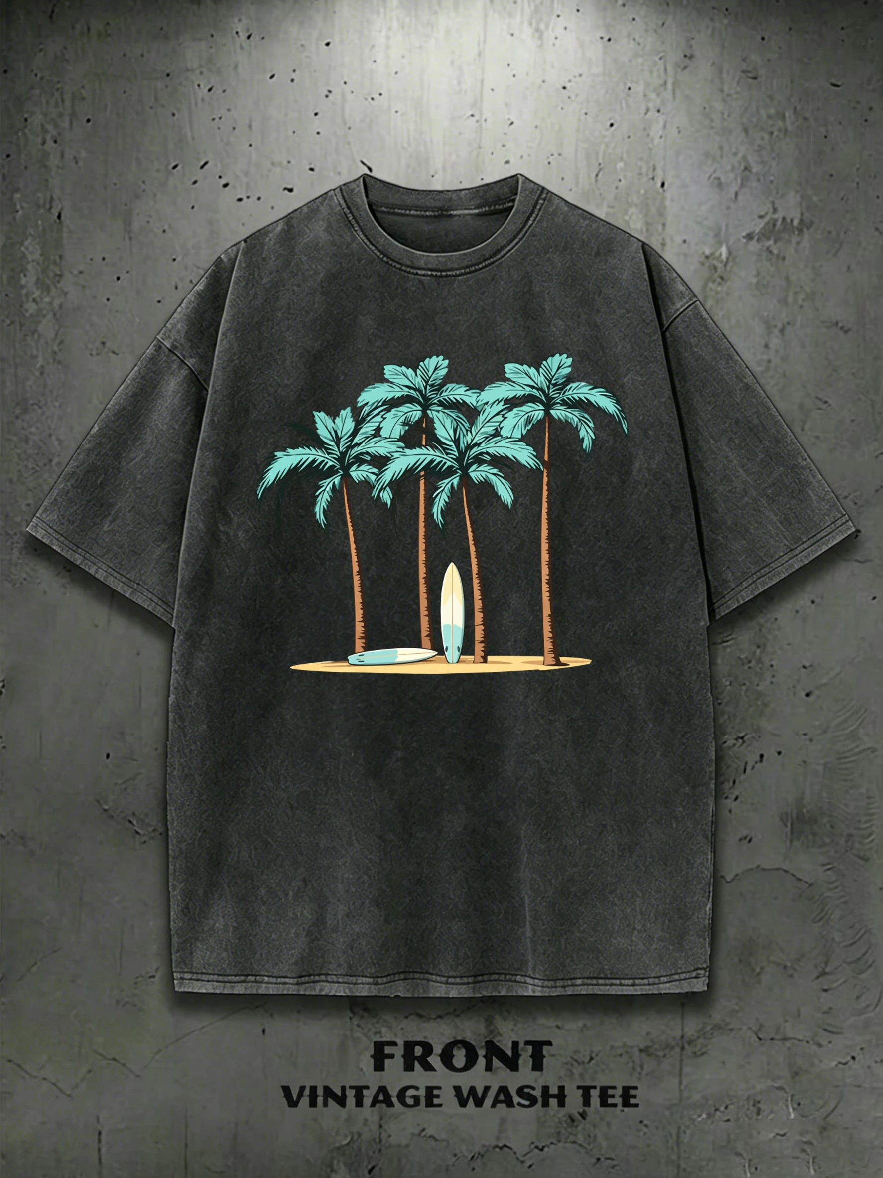 Beach Coconut Tree Surfboard Print Clothing Mens Summer Cool Washed T-Shirt Basics Cotton T Shirt Casual Breathable Tee Shirts