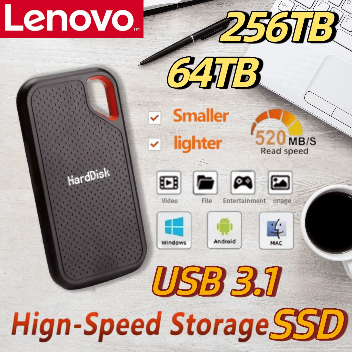 

Внешний твердотельный накопитель Lenovo E61 256 ТБ, ударопрочный, водонепроницаемый (IP67), портативное хранилище для фотографов на открытом воздухе