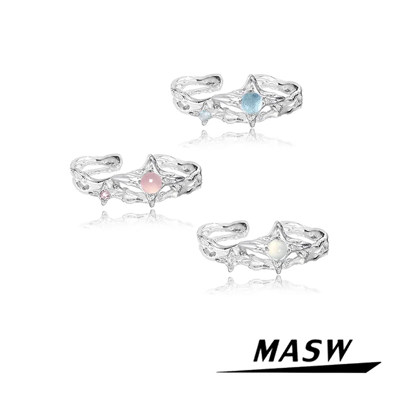 MASW Original Design Delicate Temperament Thick Silver Color Open Pink Blue Star Rings For Women Girl Gift Fashion Jewelry