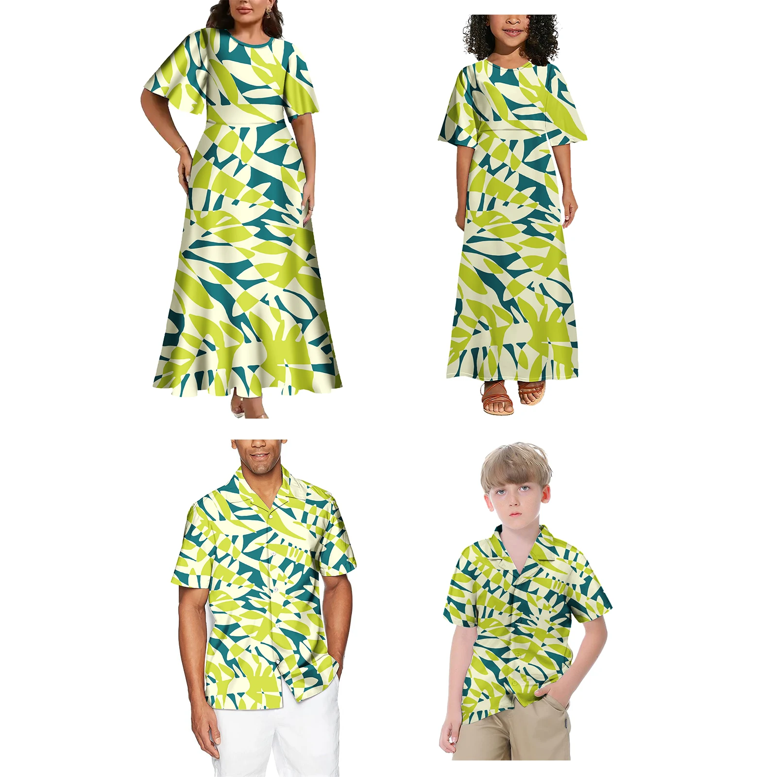 Trajes a juego para la familia, vestidos de isla Tribal polinesiana, estampado Floral Hawaiano, camisa de manga corta personalizada de talla grande