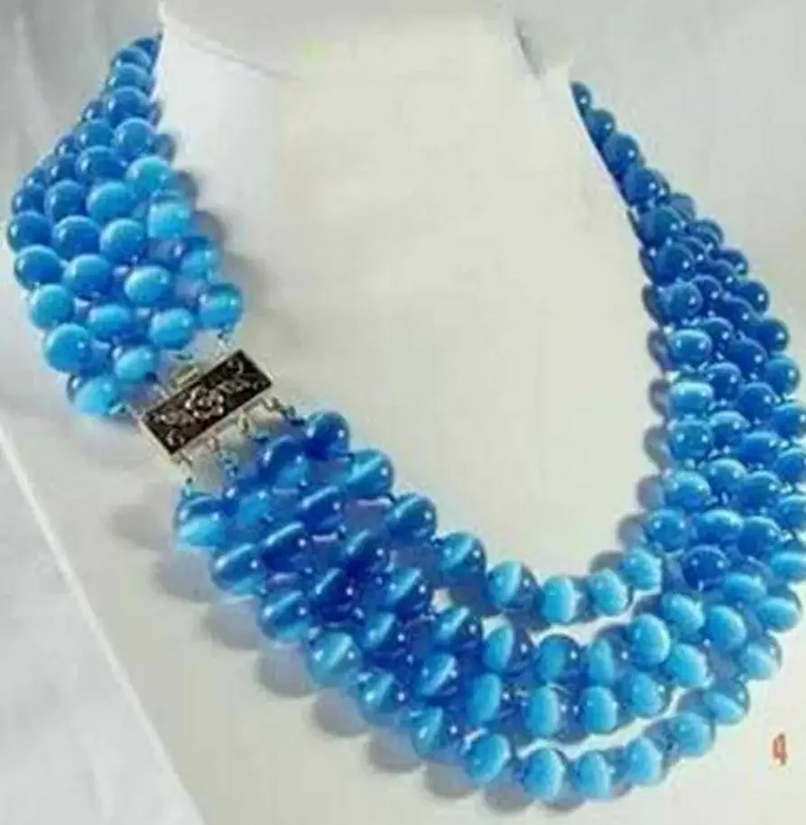 

4 rows of 6mm Mexican Blue Opal Gemstone Round Beaded Necklace 17-20 inchAAA