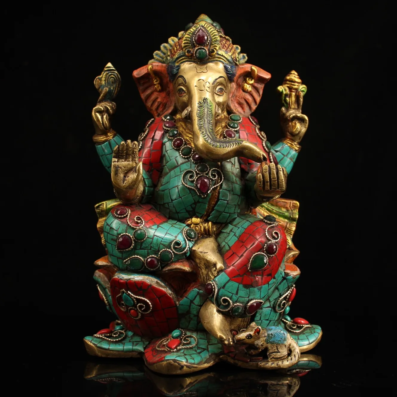 

9"Tibetan Temple Collection Old Bronze Outline in gold Painted Gem Ganesha Elephant Trunk God of Wealth Ganesha Worship Hall