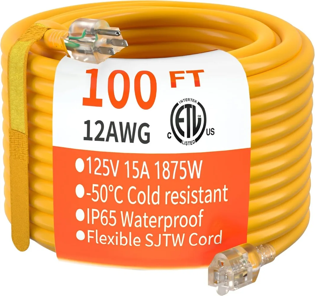 

100 Ft Gauge Heavy Duty Outdoor Extension Cord Waterproof with Lighted, Flexible Cold Weather 3 Prong Electric Cord Yellow