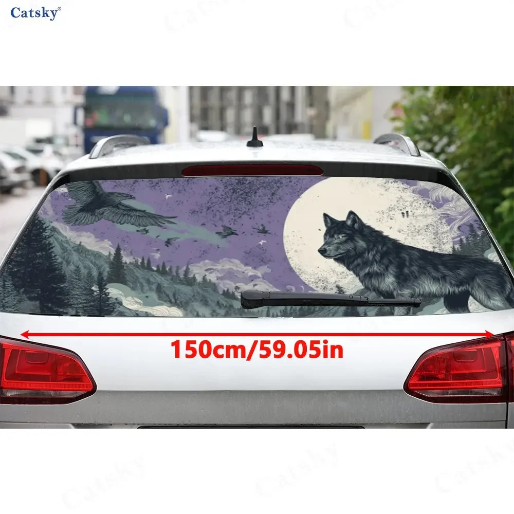 Moonlit Wolf & Eagle Dominance Scene PVC Perforated Car Vinyl Wraps, Durable Car Rear Windshield Sticker, Waterproof Car Rear Wi