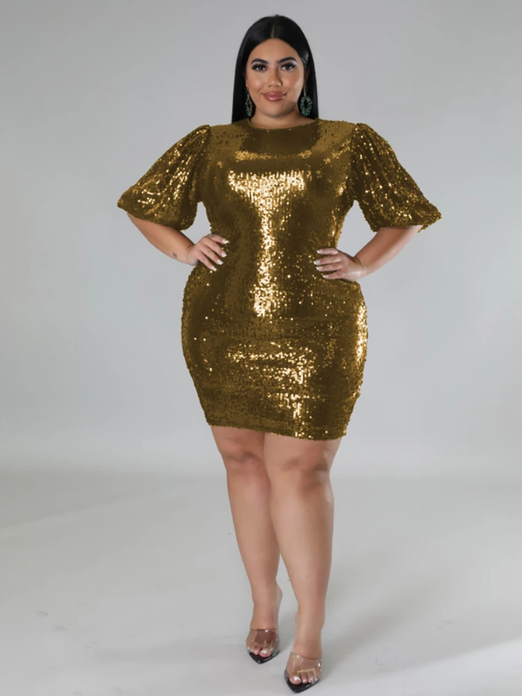 Shiny Sequin Dresses Plus Size Women O Neck Puff Sleeve Slim Fit Mini Dress Gwons Sparkly Party Birthday Nighclub Outfits 4XL