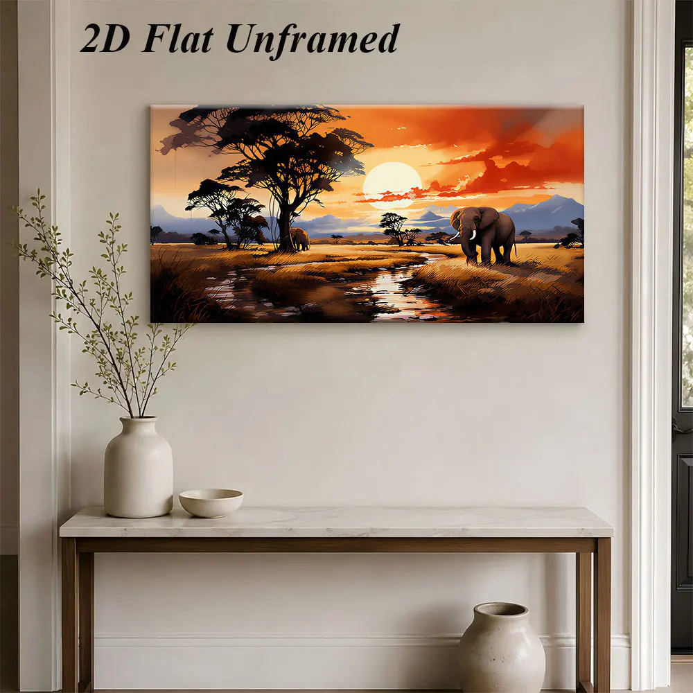 1 African grassland sunset scenery frameless decorative painting with elephant theme modern minimalist 2D plan