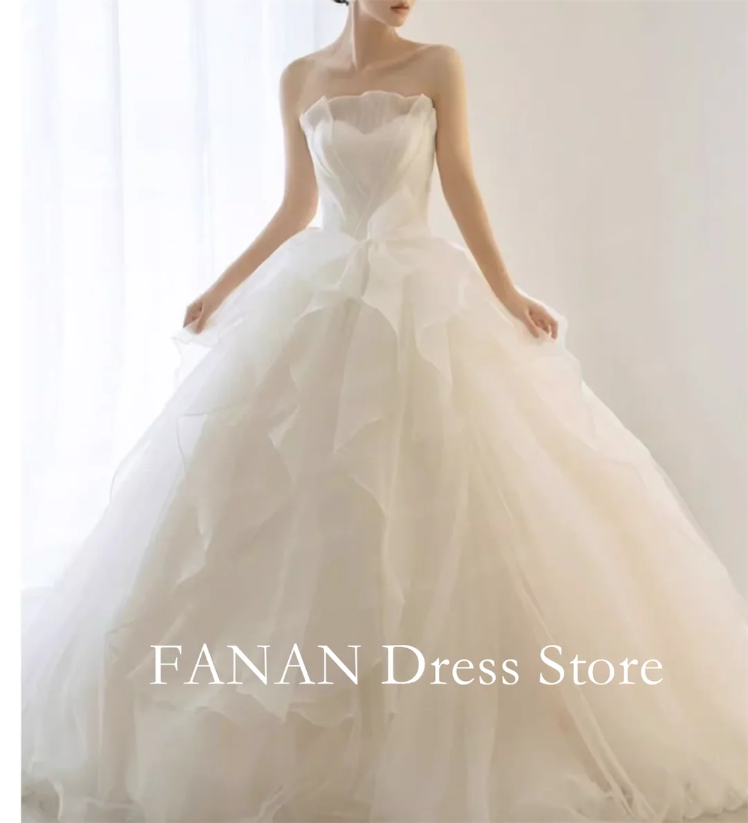 FANAN Customized Korean Strapless Ivory Organza Wedding Dress Elegant A-Line Corset Back Classic Bride Dresses Bridal Gowns