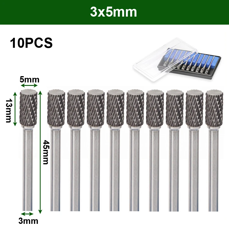 10Pcs 3*3/4/5/6 Cylinder Type A Tungsten Carbide Rotary Files Set - Power Drill Bit Milling Burr Abrasive Tools Carving Craftman