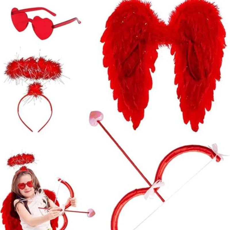 

2025 Valentines Day Cupid Accessories Bow and Arrow Set Heart Headband Feather Wings Costume Accessories