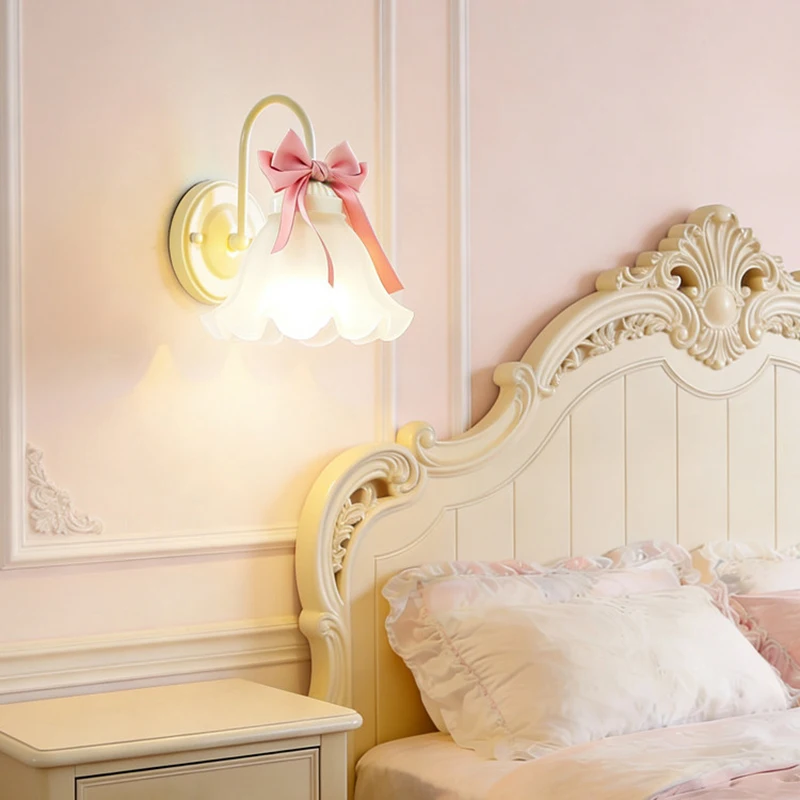 Modern White Red Pink Bowknot Wall Lamps Flower Glass Lampshade Bedroom Bedside Wall Light Princess Room Girl Children Wall Lamp