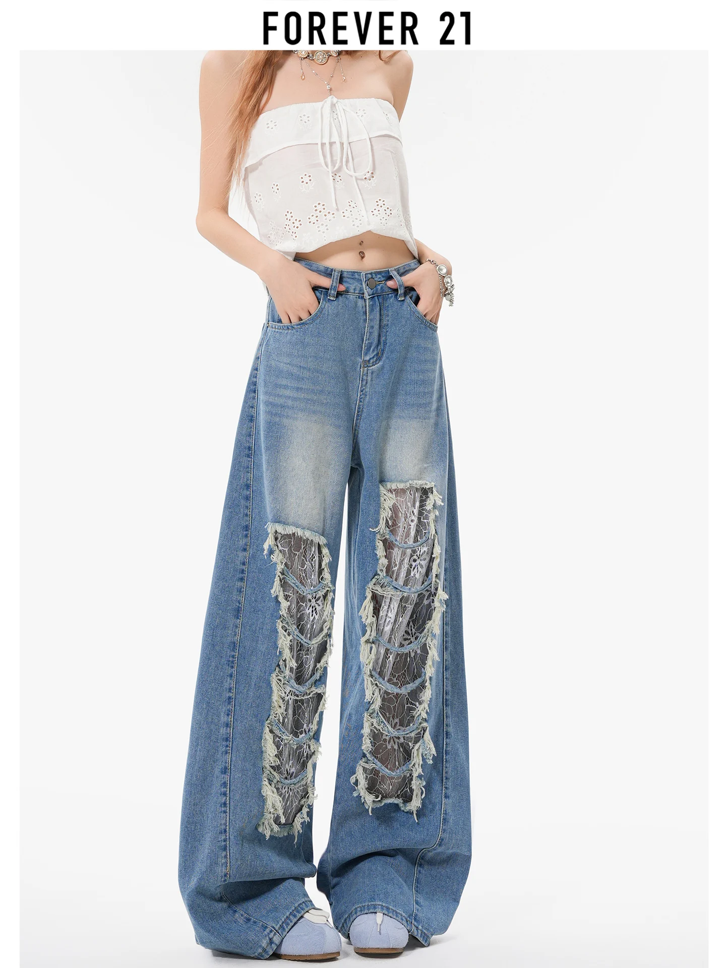 Vaqueros de mezclilla de cintura alta y pierna ancha para mujer, nuevo estilo de verano, con agujeros de encaje, ropa sexy para chica, pantalones con corte, Forever 21 American Hi...