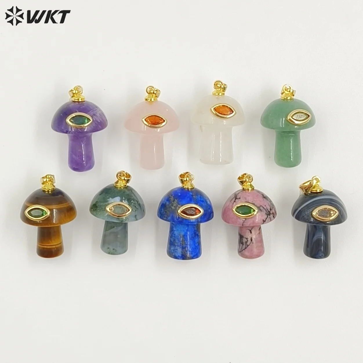

WT-P2063 Lovely Sweet Vibe Forest Mushroom Shape Pendants Colorful Gemstone Tigereye Labradorite Stone&Zircon Paved Charm Crafts