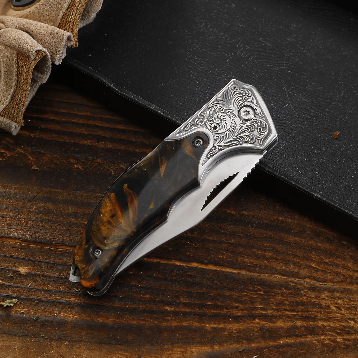 سكين جيب محمول قابل للطي مصنوع من الفولاذ ثلاثة في واحد ومقبض من الراتنج أداة قطع محمولة خارجية هدية بدون قفل