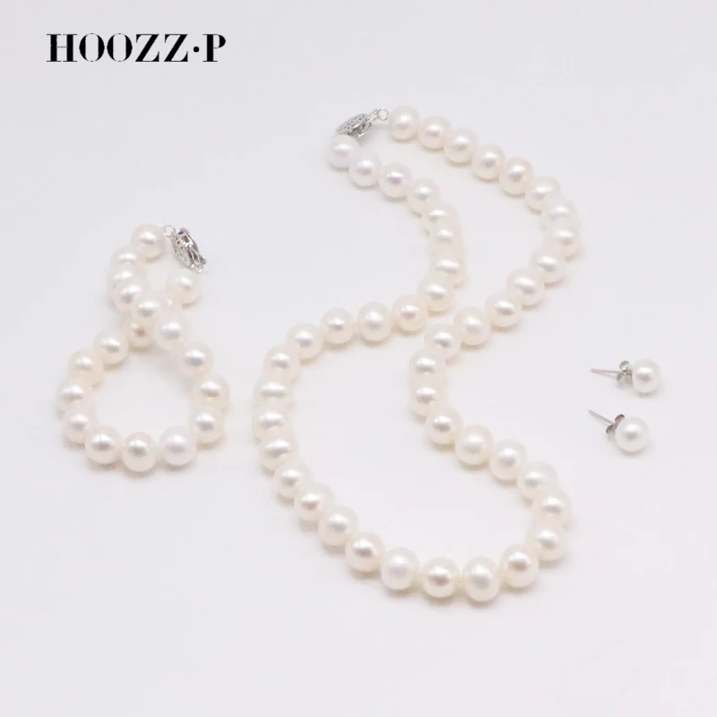 Natural Pearl Sets Jewelry For Women Freshwater Cultured Pearly Necklace Bracelet Earrings Wedding Bride Gift 7-8mm AAA Quality