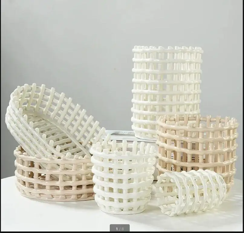 Imitation Woven Ceramic Storage Basket Drainage Fruit Tray Toothbrush Holder Home Kitchen Vegetable Bread